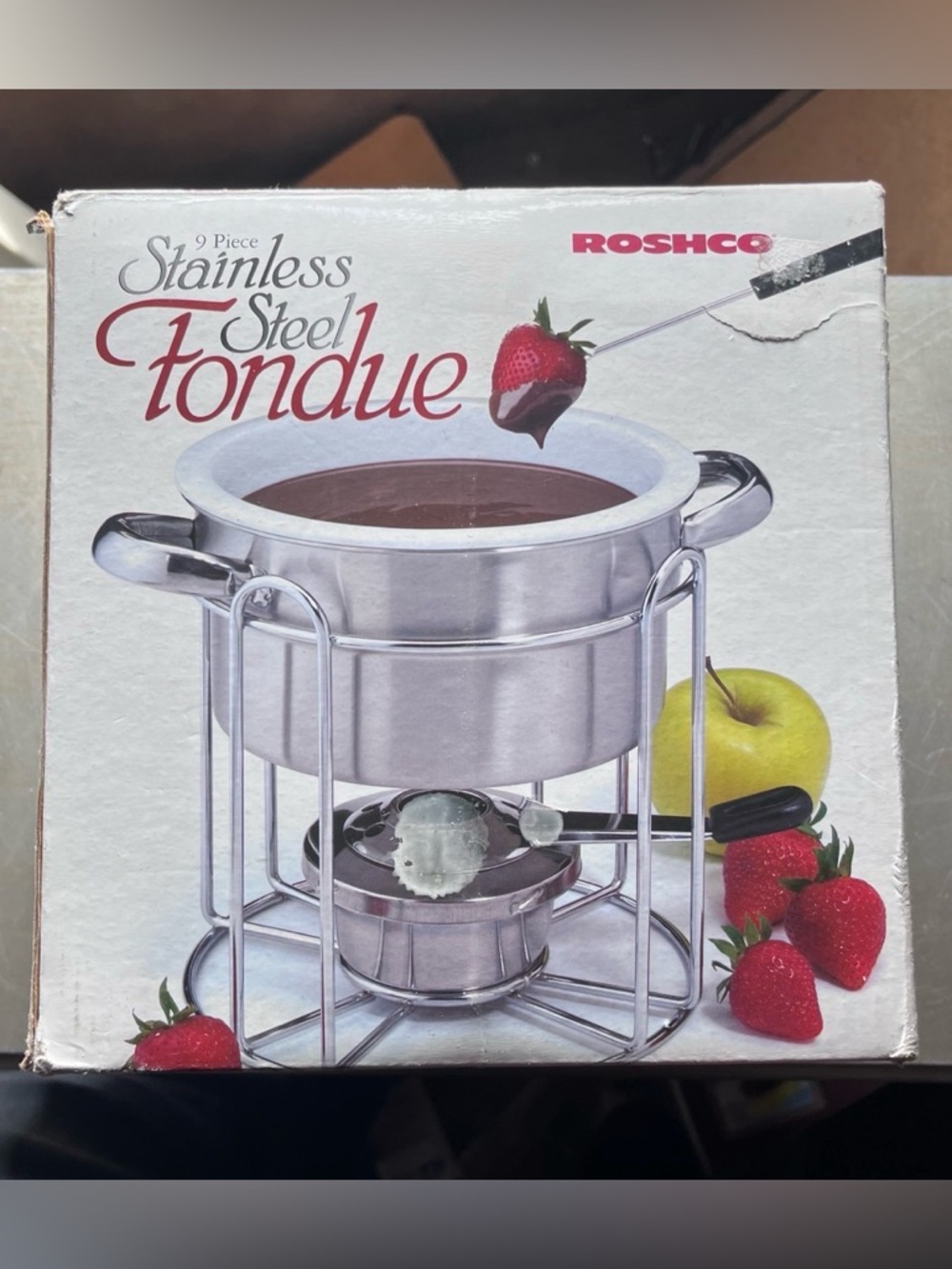 Vintage Roshco 9 Pc Stainless Steel Fondue Set Chocolate Cheese w Forks
